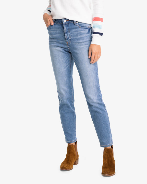The front view of the Jenna High Rise Jean by Southern Tide - Medium Wash Indigo
