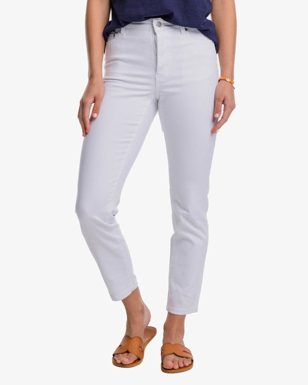 The front view of the Southern Tide Jenna High Rise White Jeans by Southern Tide - White