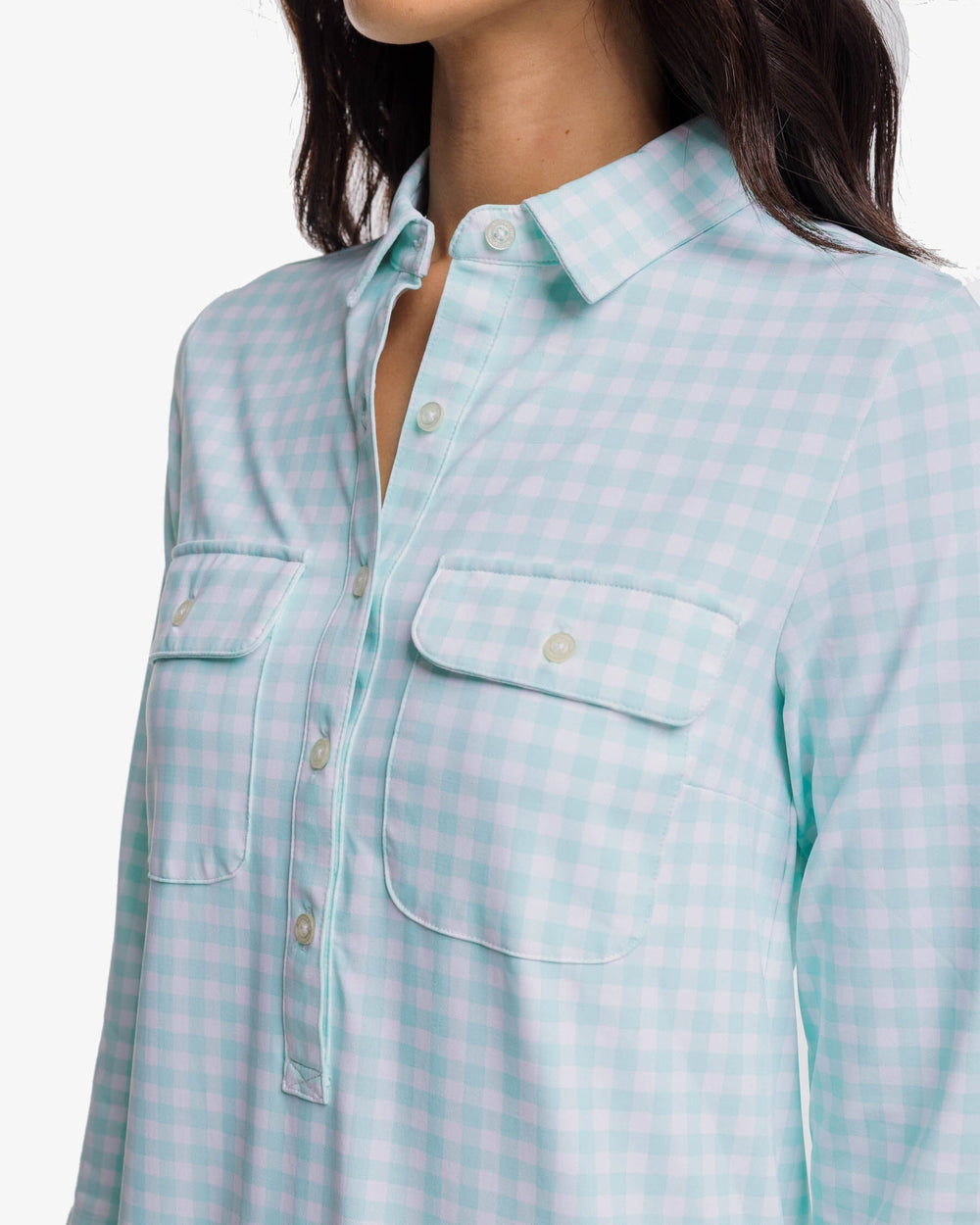 The detail view of the Southern Tide Jessica Gingham Performance Dress by Southern Tide - Baltic Teal