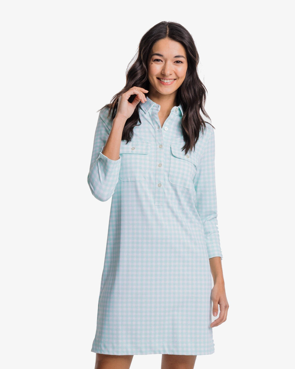 The front view of the Southern Tide Jessica Gingham Performance Dress by Southern Tide - Baltic Teal