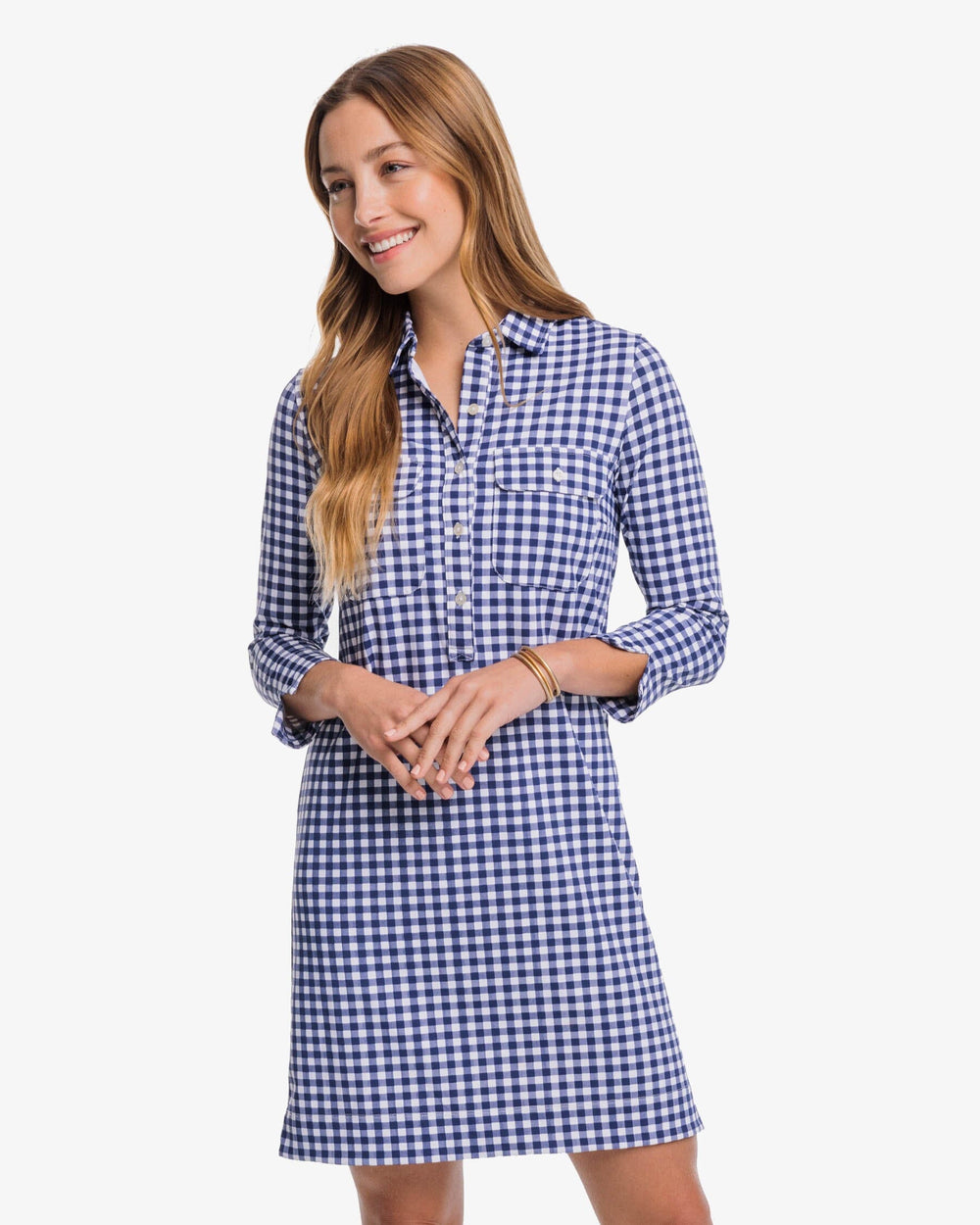 The front view of the Southern Tide Jessica Gingham Performance Dress by Southern Tide - Nautical Navy