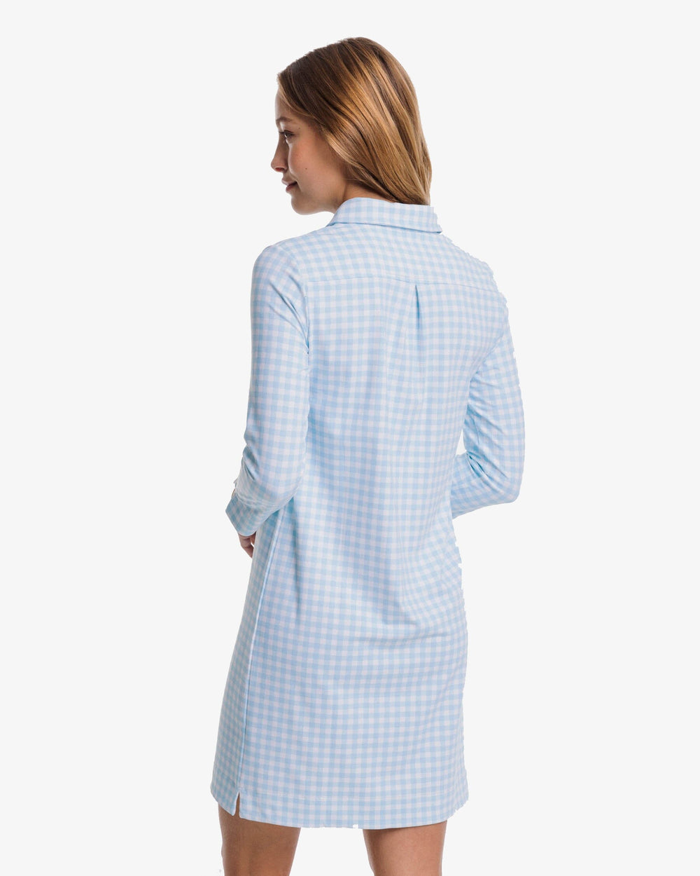 The back view of the Southern Tide Jessica Gingham Performance Dress by Southern Tide - Rain Water