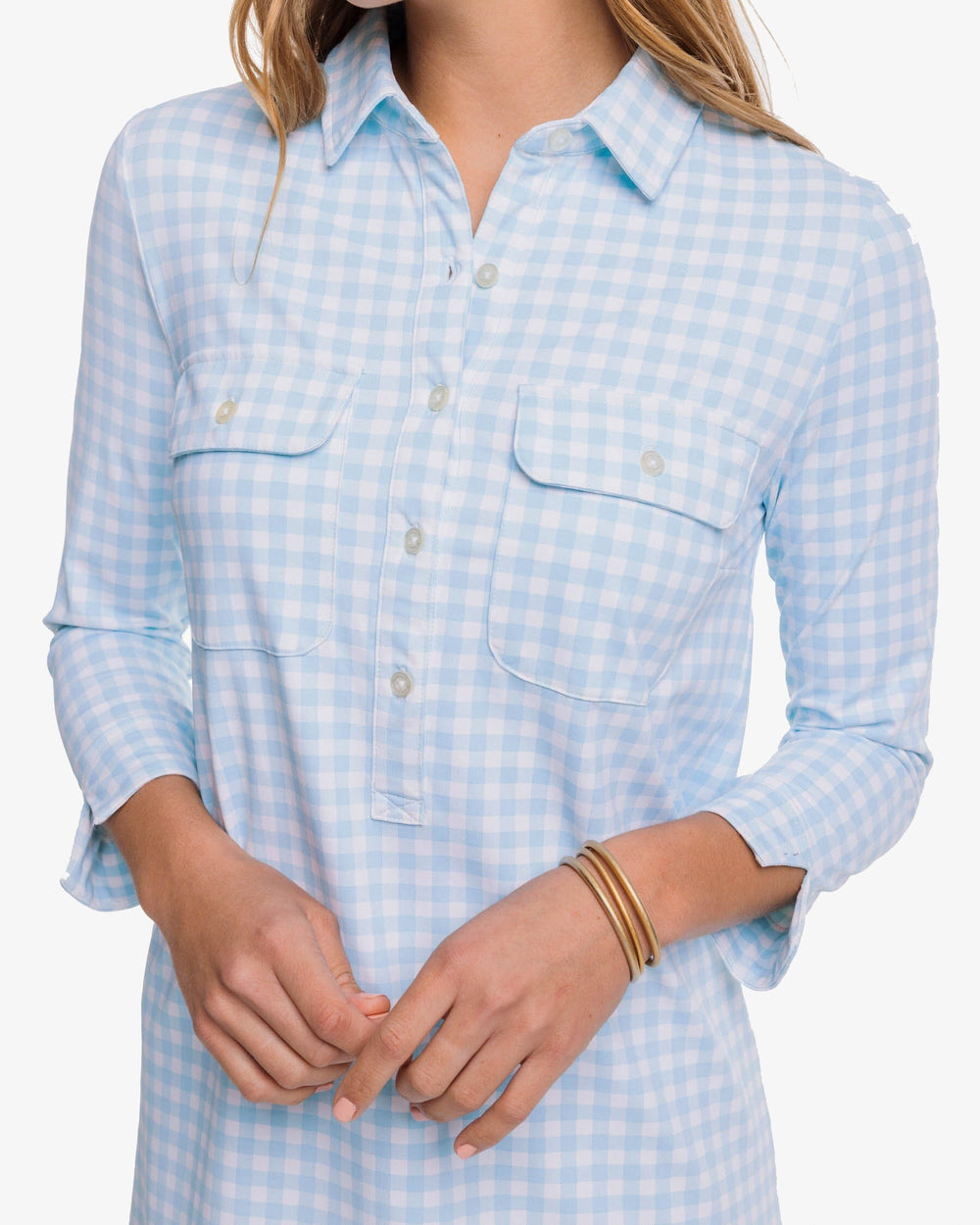 The detail view of the Southern Tide Jessica Gingham Performance Dress by Southern Tide - Rain Water