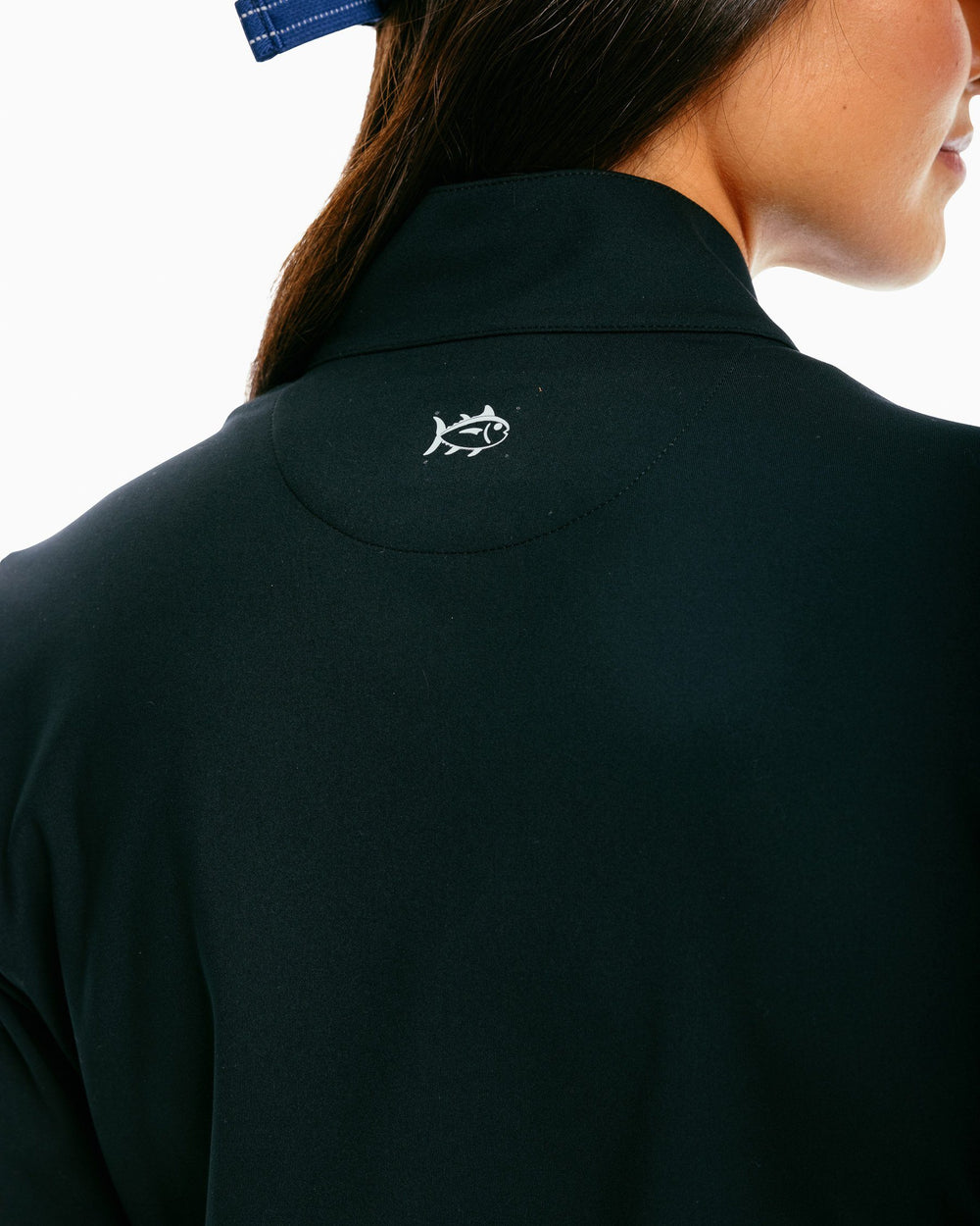 The back detail of the Women's Josette Mixed Media Full Zip Athletic Jacket - Black