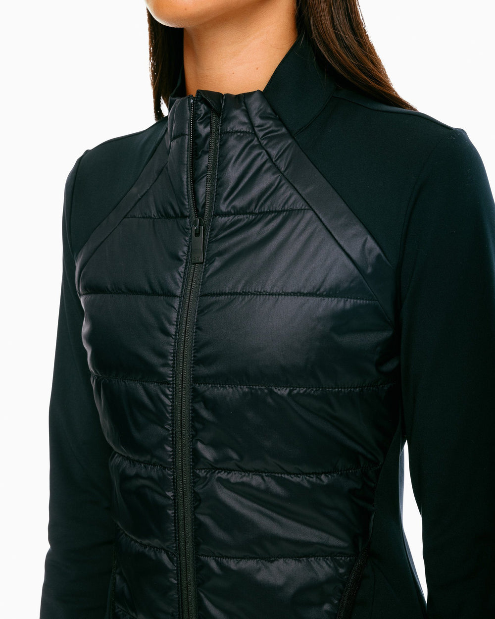 The detail of the Women's Josette Mixed Media Full Zip Athletic Jacket - Black