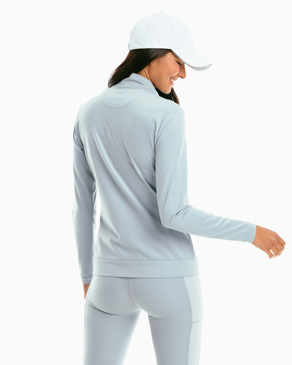 The back of the Women's Josette Mixed Media Full Zip Athletic Jacket by Southern Tide - Light Grey