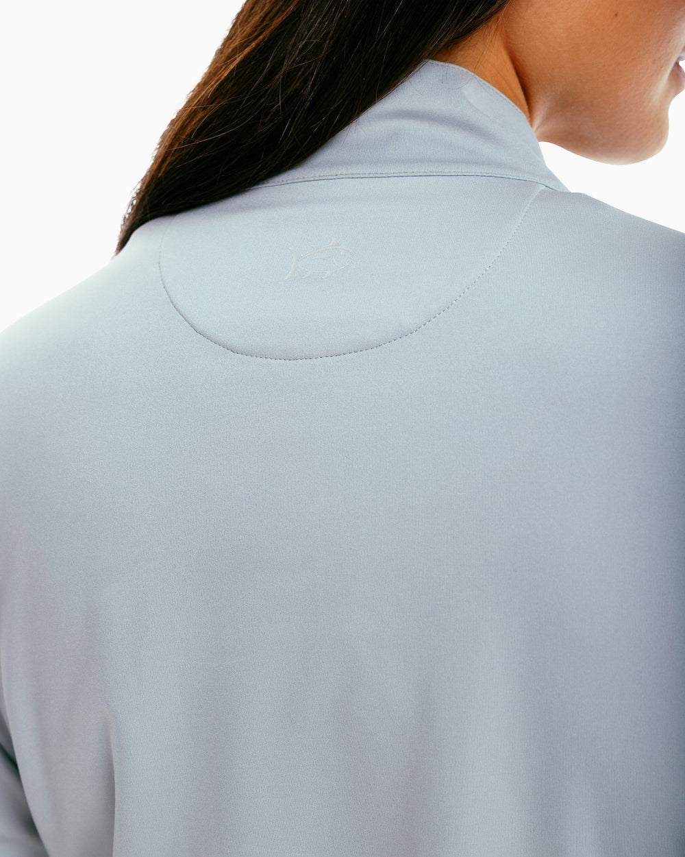 The back detail of the Women's Josette Mixed Media Full Zip Athletic Jacket by Southern Tide - Light Grey