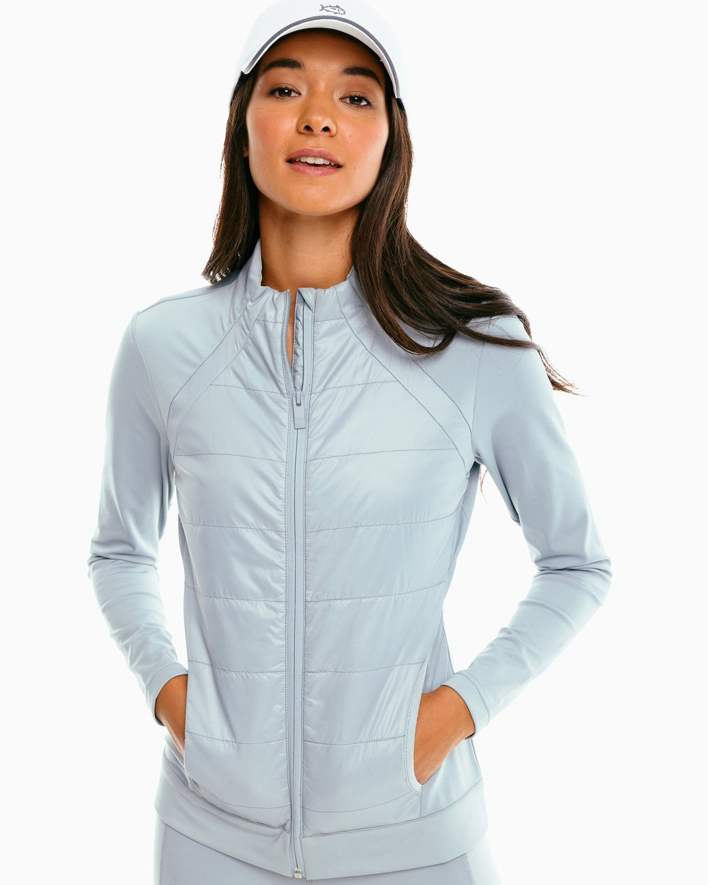 The front of the Women's Josette Mixed Media Full Zip Athletic Jacket by Southern Tide - Light Grey
