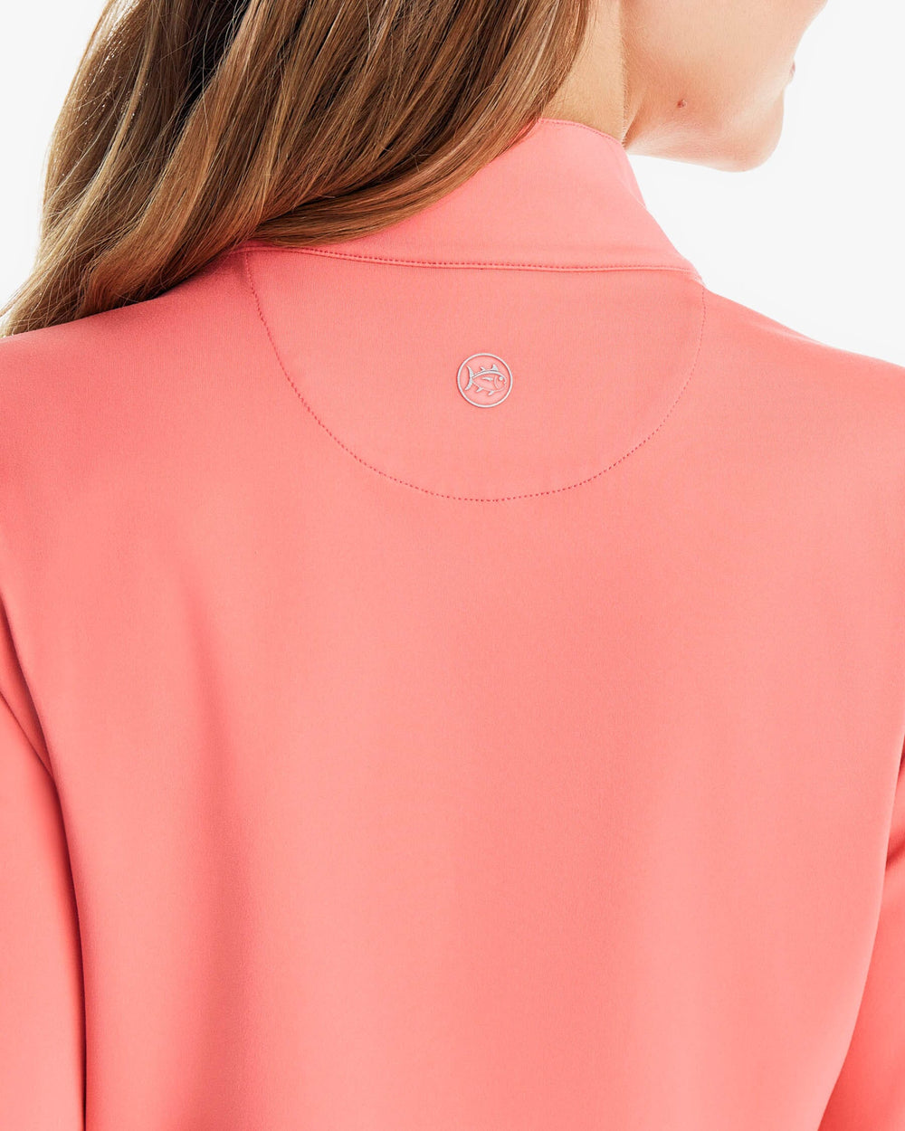 The back view of the Southern Tide Josette Mixed Media Full Zip Jacket by Southern Tide - Sunkist Coral