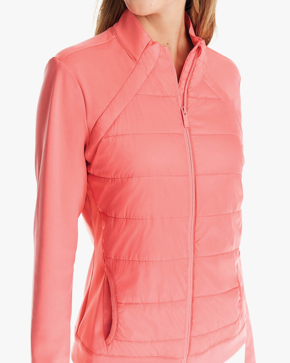 The detail view of the Southern Tide Josette Mixed Media Full Zip Jacket by Southern Tide - Sunkist Coral