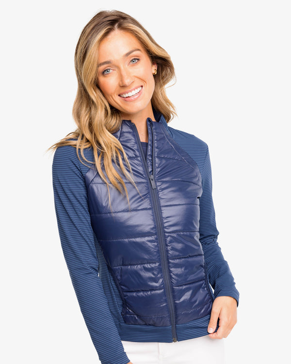 The front view of the Josette Striped Mixed Media Full Zip by Southern Tide - Nautical Navy