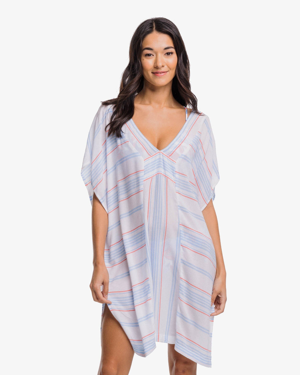The front view of the Southern Tide Kamilia Beach Bliss Stripe Caftan by Southern Tide - Sky Blue