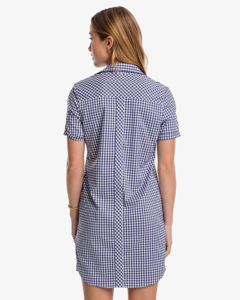 The back view of the Southern Tide Kamryn brrr°® Intercoastal Gingham Dress by Southern Tide - Nautical Navy