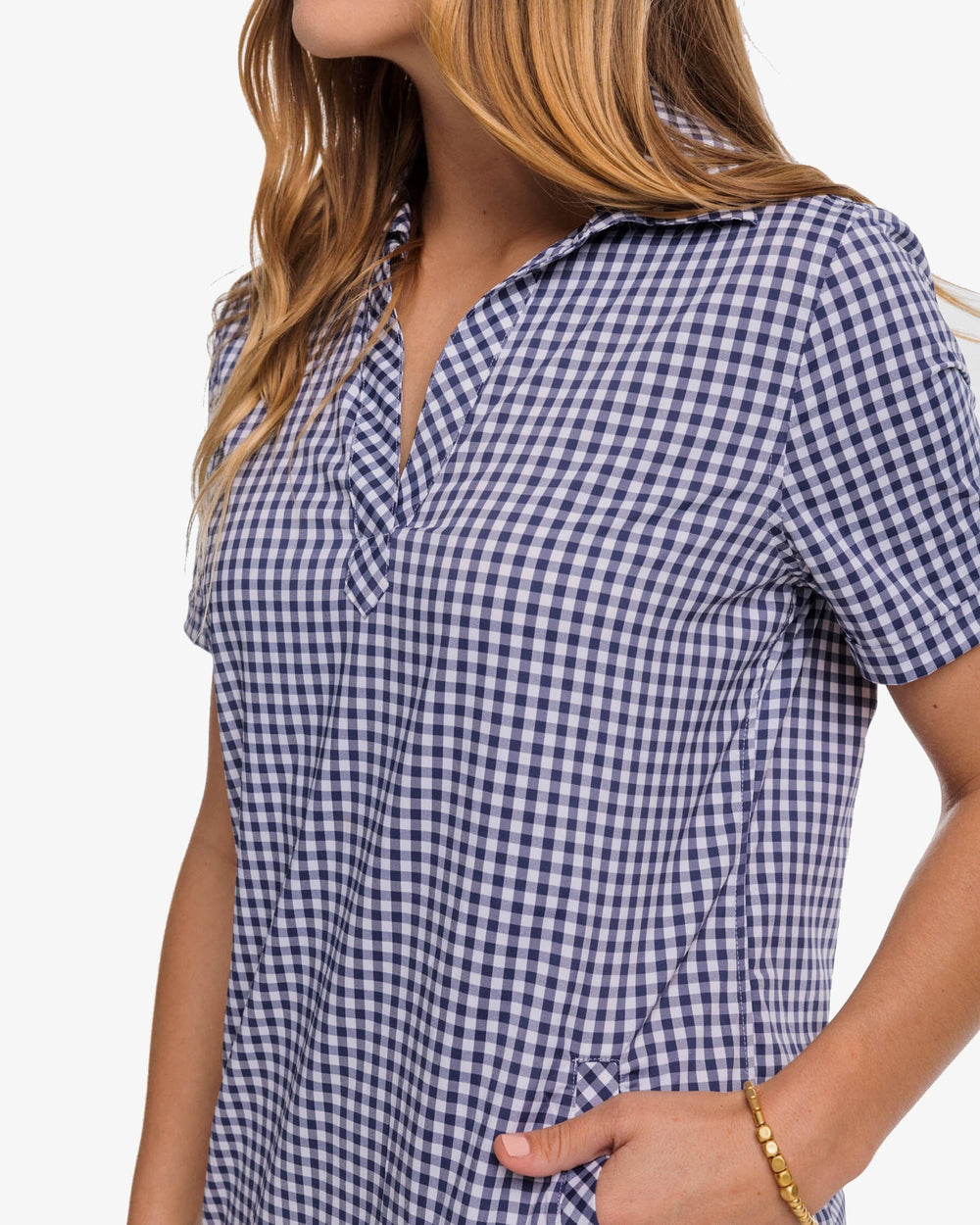 The detail view of the Southern Tide Kamryn brrr°® Intercoastal Gingham Dress by Southern Tide - Nautical Navy