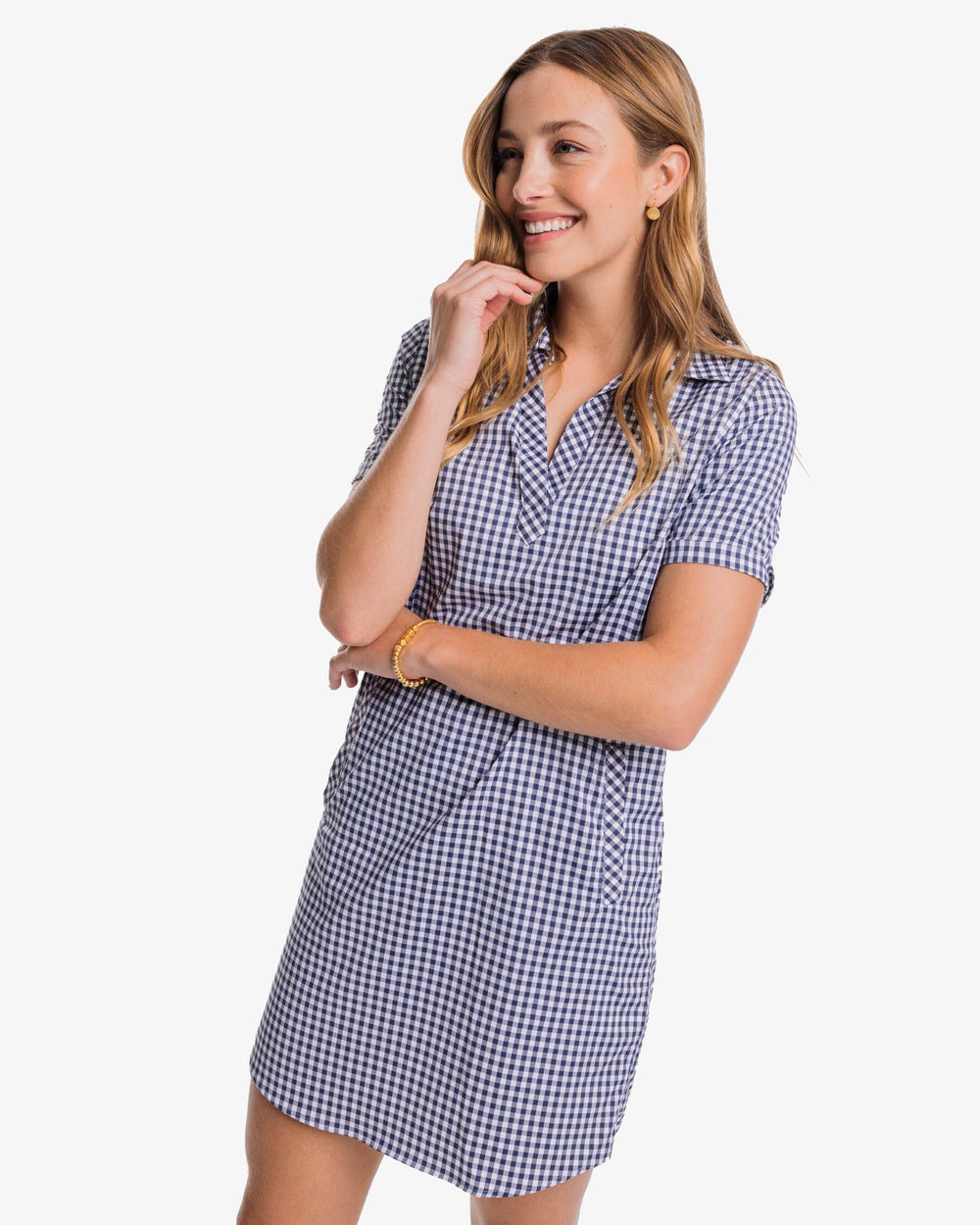 The front view of the Southern Tide Kamryn brrr°® Intercoastal Gingham Dress by Southern Tide - Nautical Navy