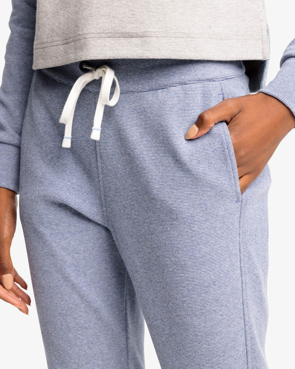 The detail view of the Kelby Heather Stripe Jogger by Southern Tide - Heather Seven Seas Blue