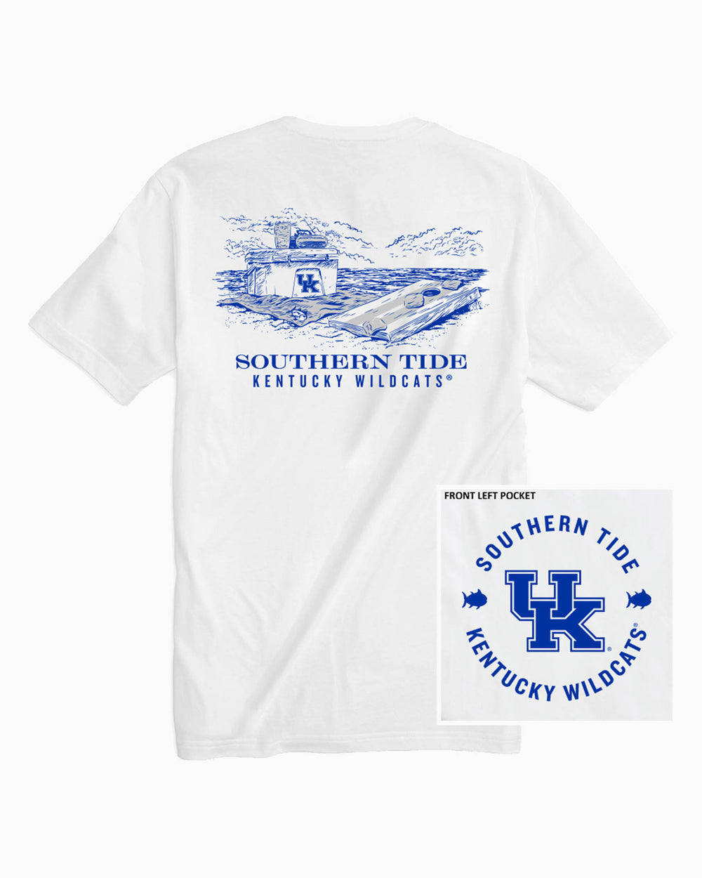 The front of the Men's Kentucky Wildcats Beach Cornhole T-Shirt by Southern Tide - Classic White