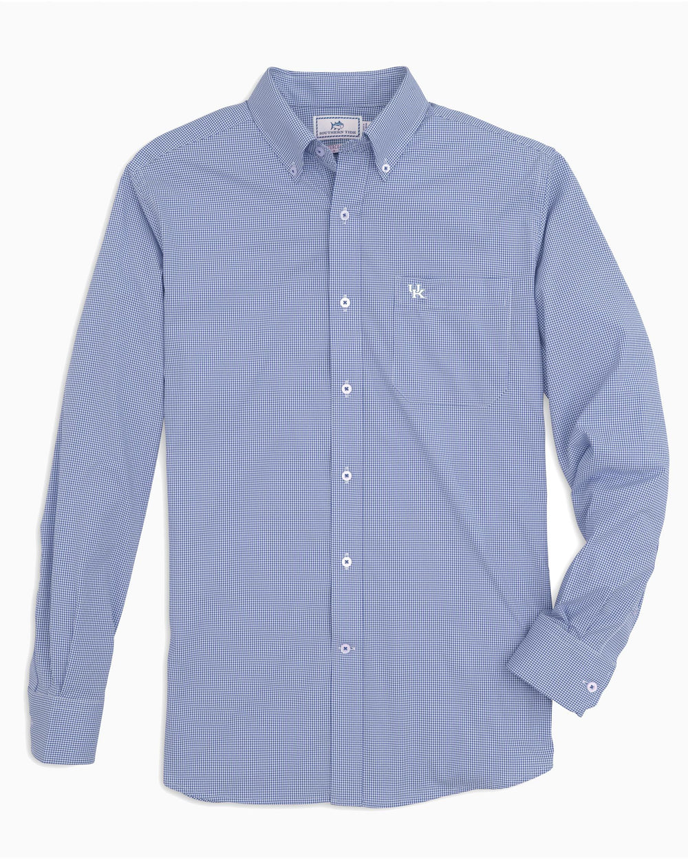 The front view of the Men's Light Blue Kentucky Wildcats Gingham Button Down Shirt by Southern Tide - University Blue