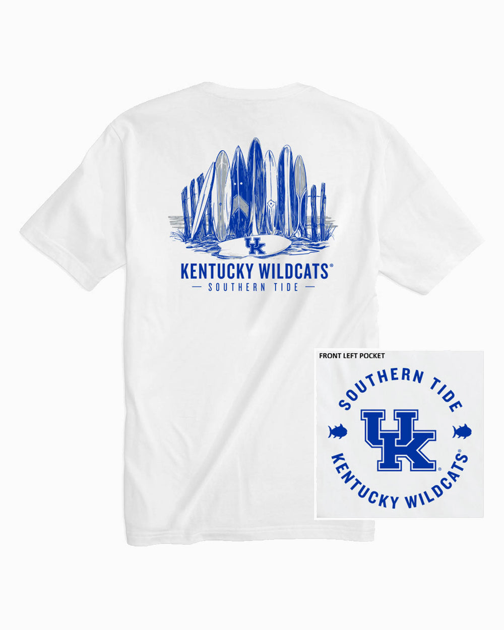 The front and back view of the Kentucky Wildcats Surfboard Row T-Shirt by Southern Tide - Classic White