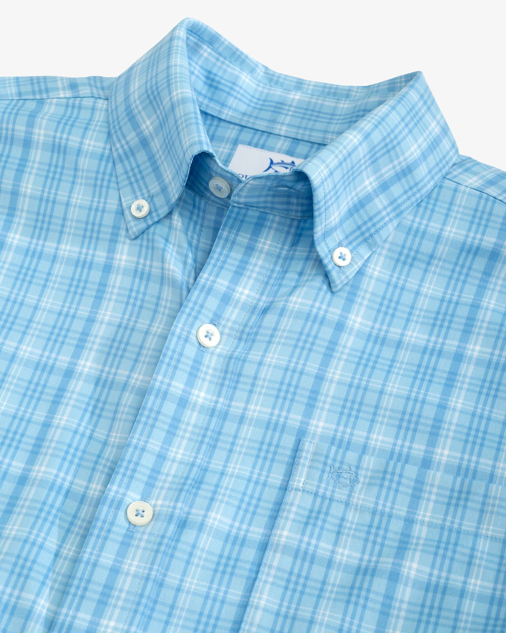 The detail view of the Southern Tide Keowee Plaid Intercoastal Sport Shirt by Southern Tide - Rain Water