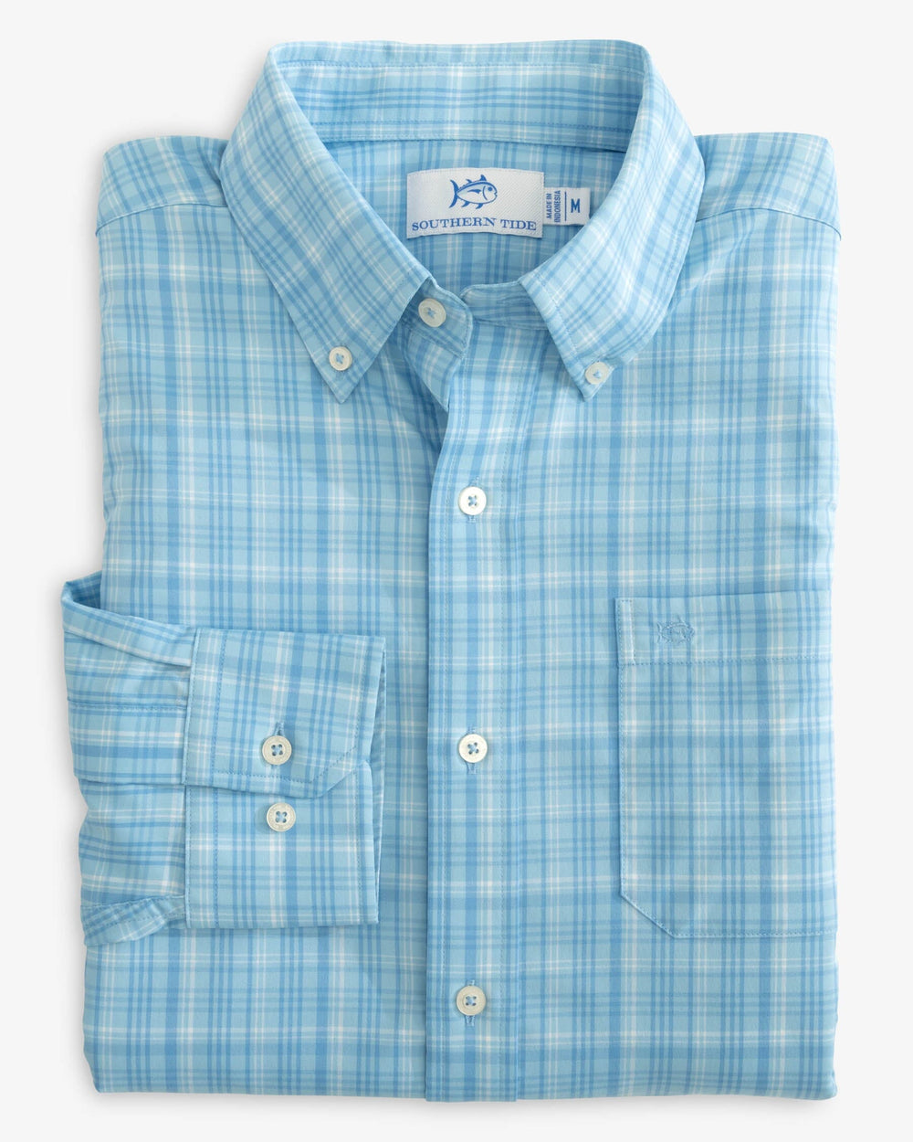 The fold view of the Southern Tide Keowee Plaid Intercoastal Sport Shirt by Southern Tide - Rain Water