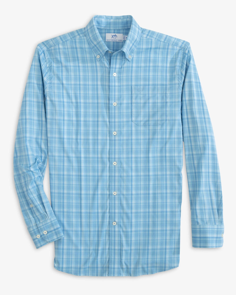 The front view of the Southern Tide Keowee Plaid Intercoastal Sport Shirt by Southern Tide - Rain Water