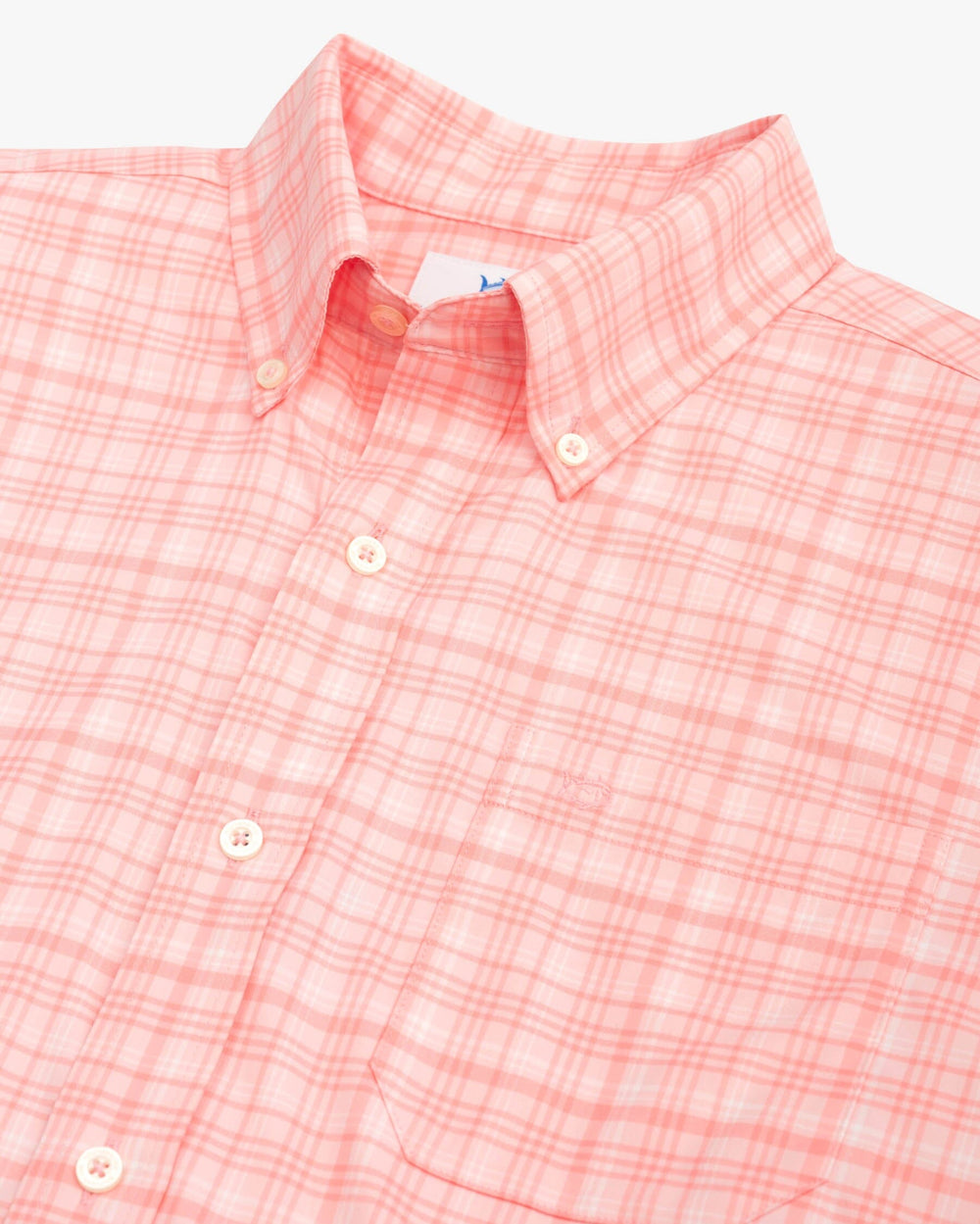 The detail view of the Southern Tide Keowee Plaid Intercoastal Sport Shirt by Southern Tide - Rose Blush