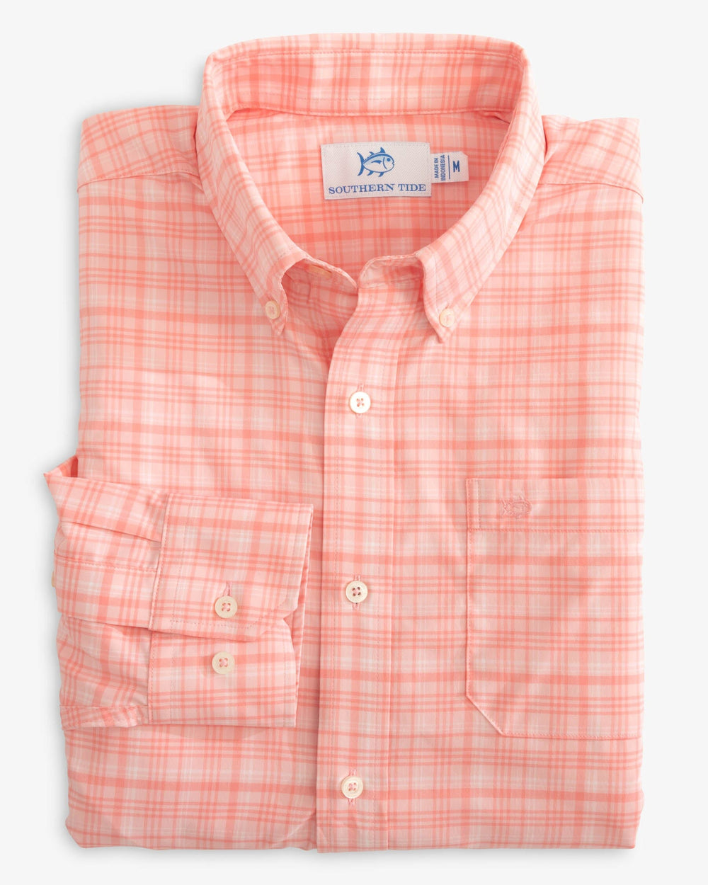 The fold view of the Southern Tide Keowee Plaid Intercoastal Sport Shirt by Southern Tide - Rose Blush