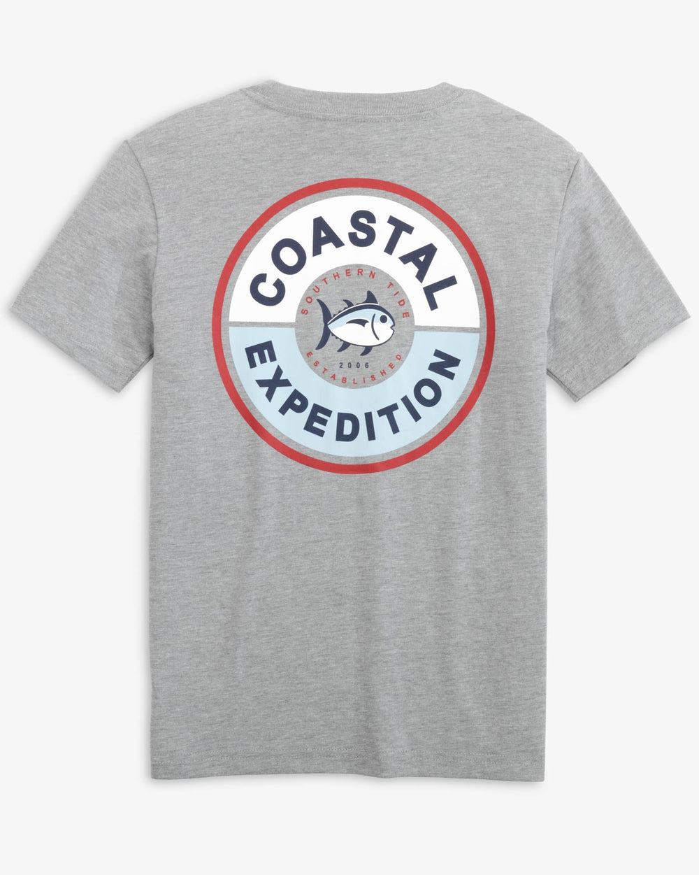 The back view of the Southern Tide Kid's Coastal Expedition Heather T-shirt by Southern Tide - Heather Quarry