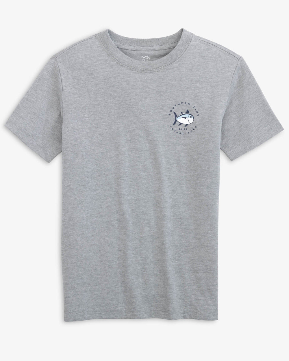 The front view of the Southern Tide Kid's Coastal Expedition Heather T-shirt by Southern Tide - Heather Quarry
