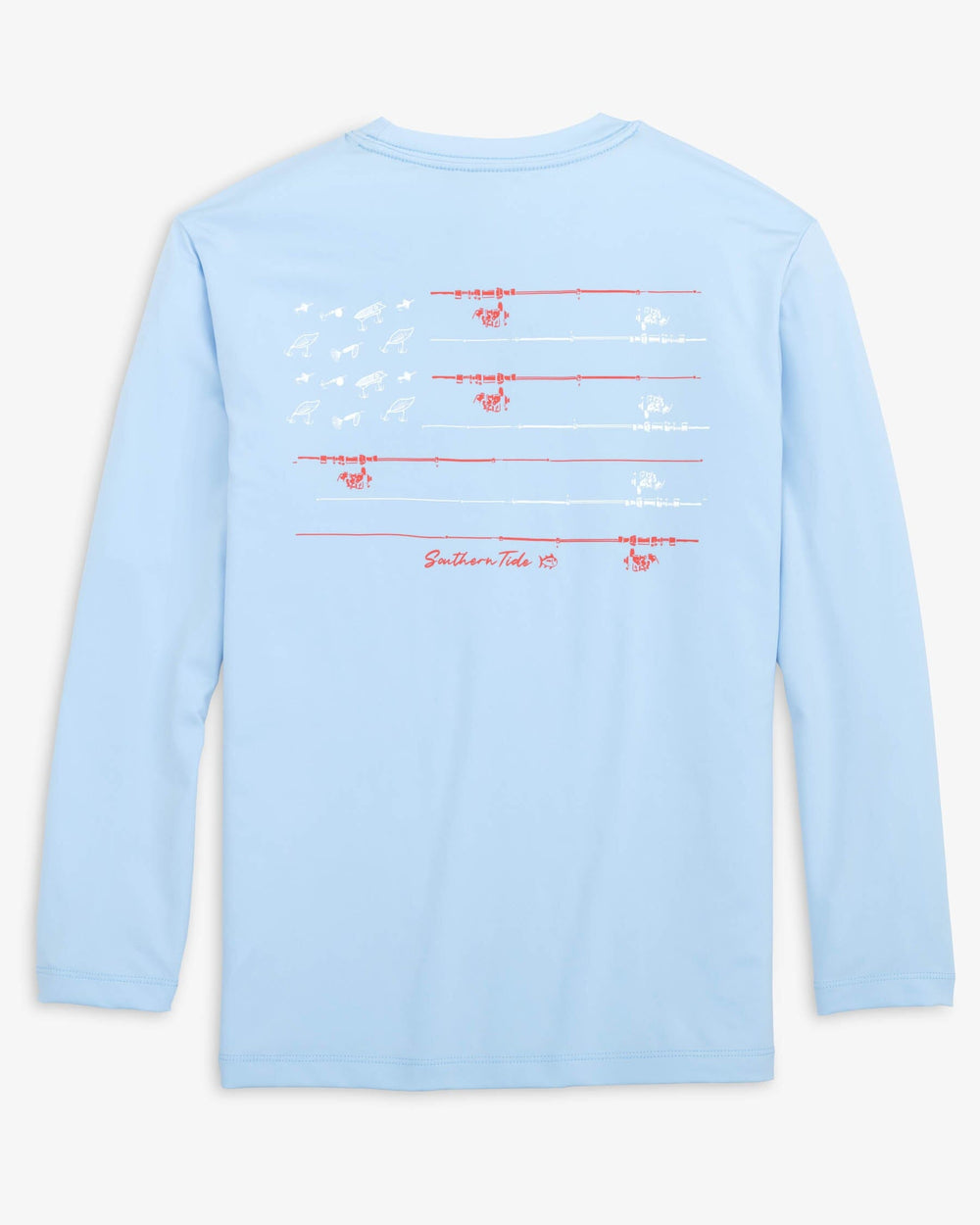 The back view of the Southern Tide Kid's Red, White, and Lure Long Sleeve Performance T-shirt by Southern Tide - Clearwater Blue