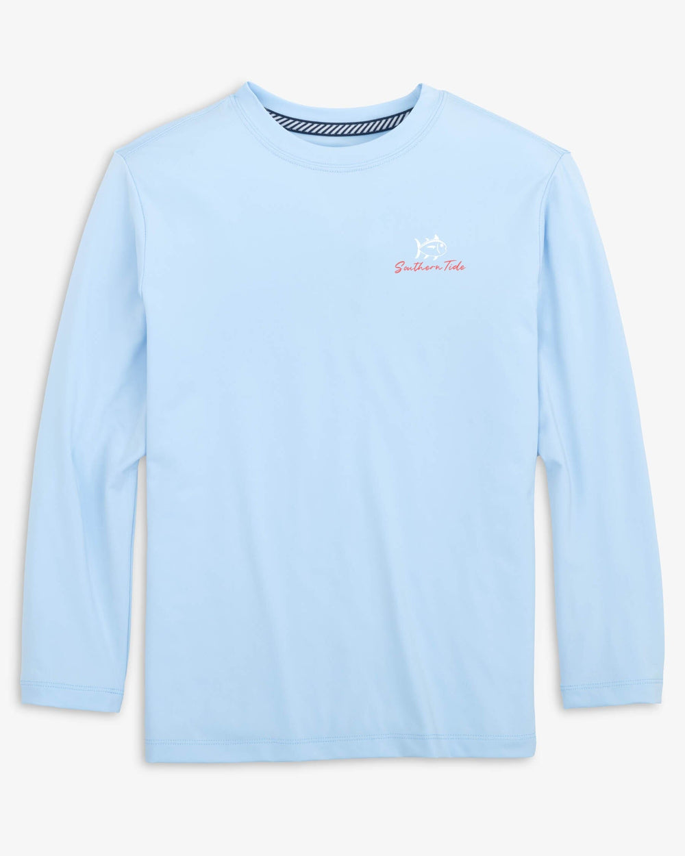 The front view of the Southern Tide Kid's Red, White, and Lure Long Sleeve Performance T-shirt by Southern Tide - Clearwater Blue