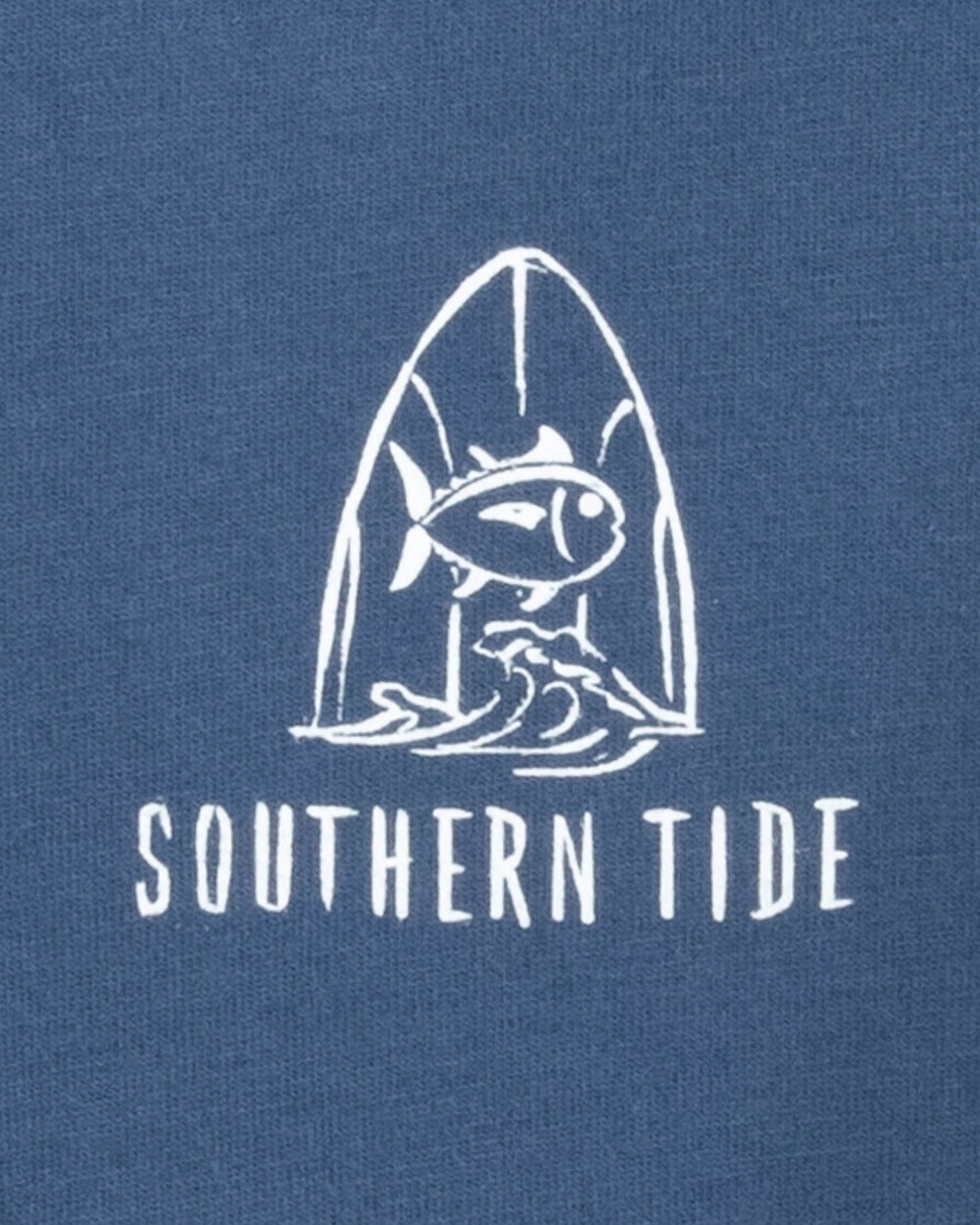 The detail view of the Southern Tide Kid's Surfing Skipjack Hoodie T-shirt by Southern Tide - Aged Denim