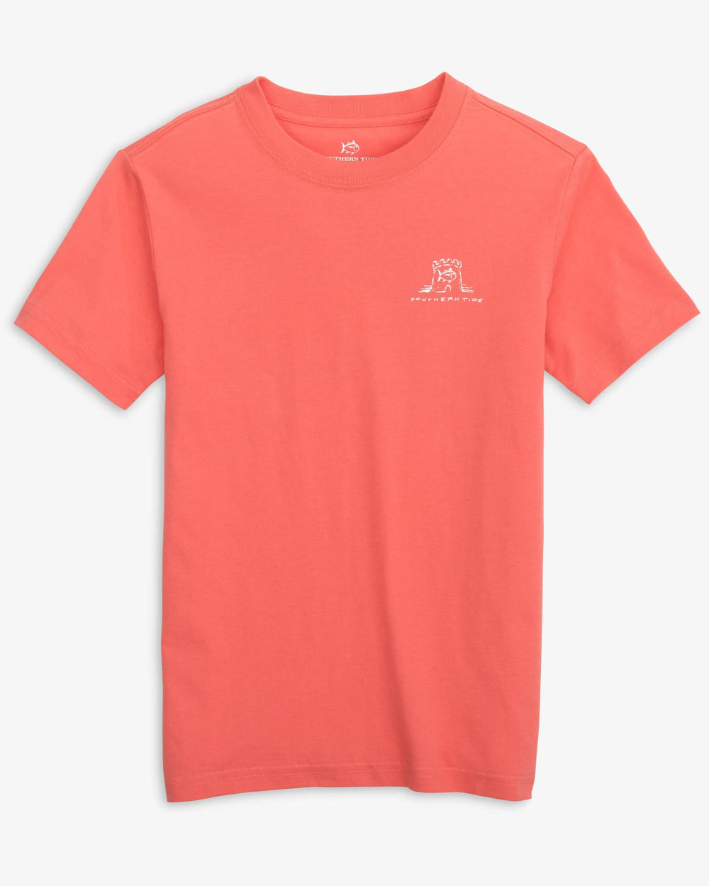 The front view of the Southern Tide Kids Beachside Castle T-shirt by Southern Tide - Rosewood Red