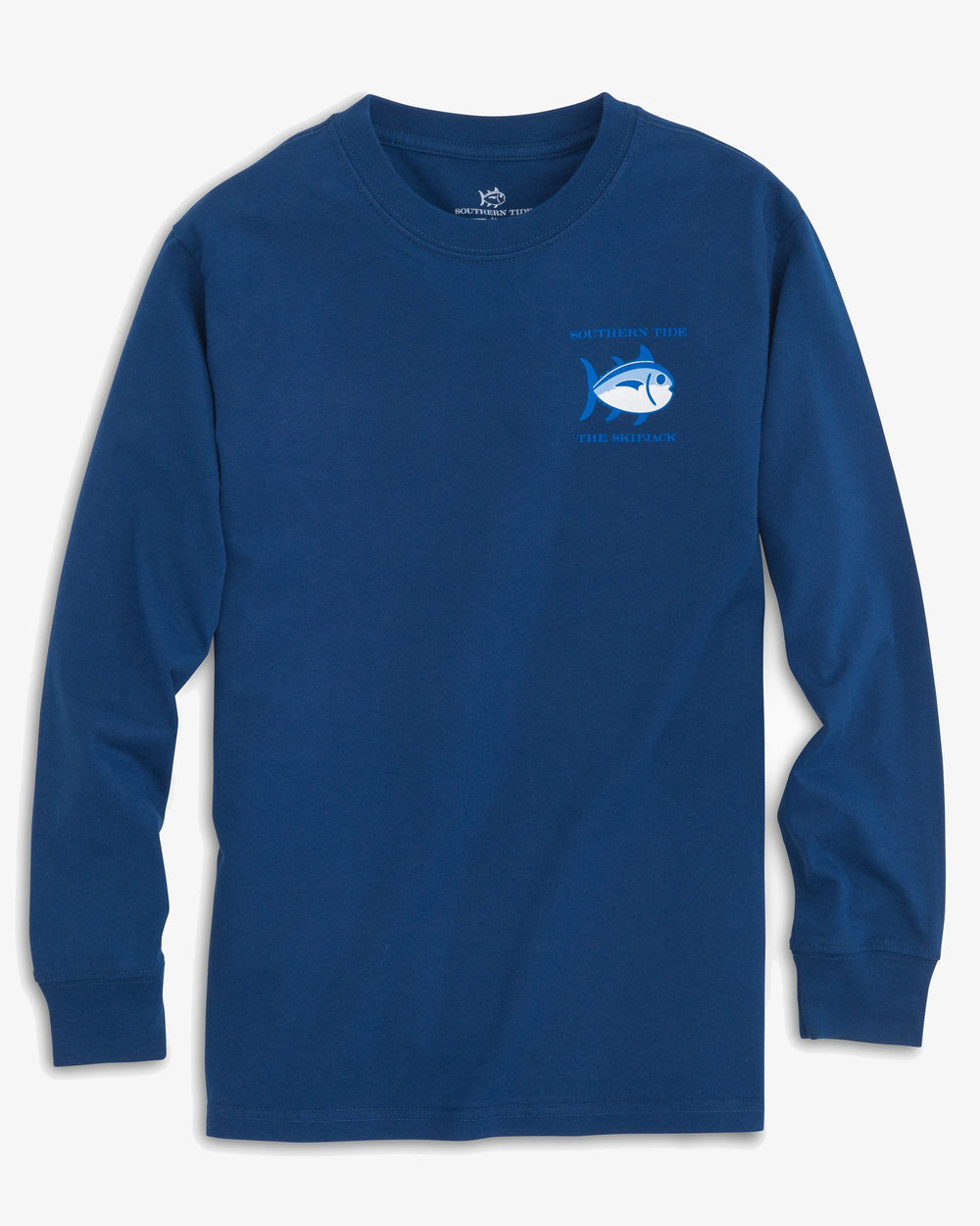 The front view of the Southern Tide Kids Long Sleeve Original Skipjack T-Shirt by Southern Tide - Yacht Blue 