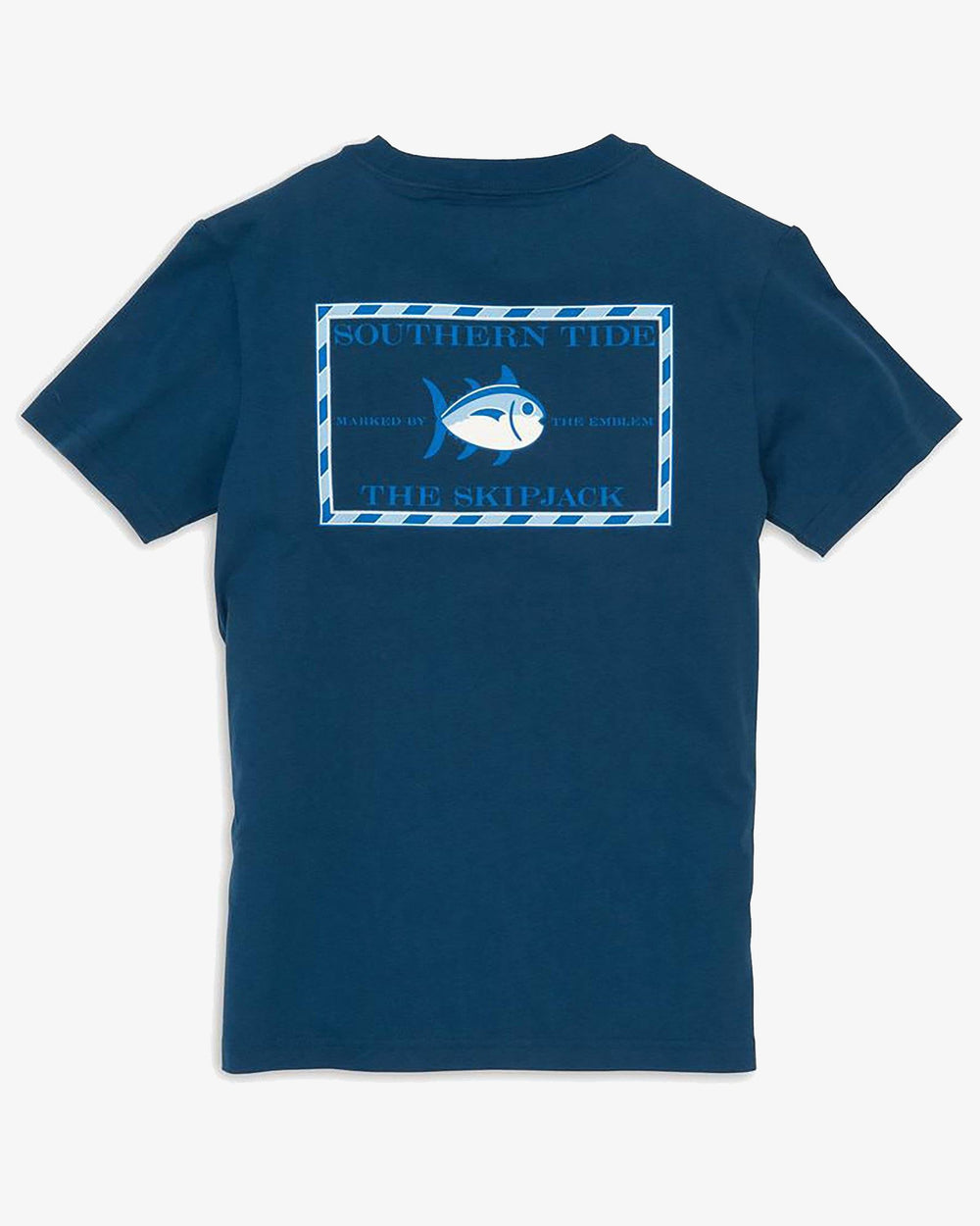 The back view of the Kid's Navy Original Skipjack T-Shirt by Southern Tide - Yacht Blue