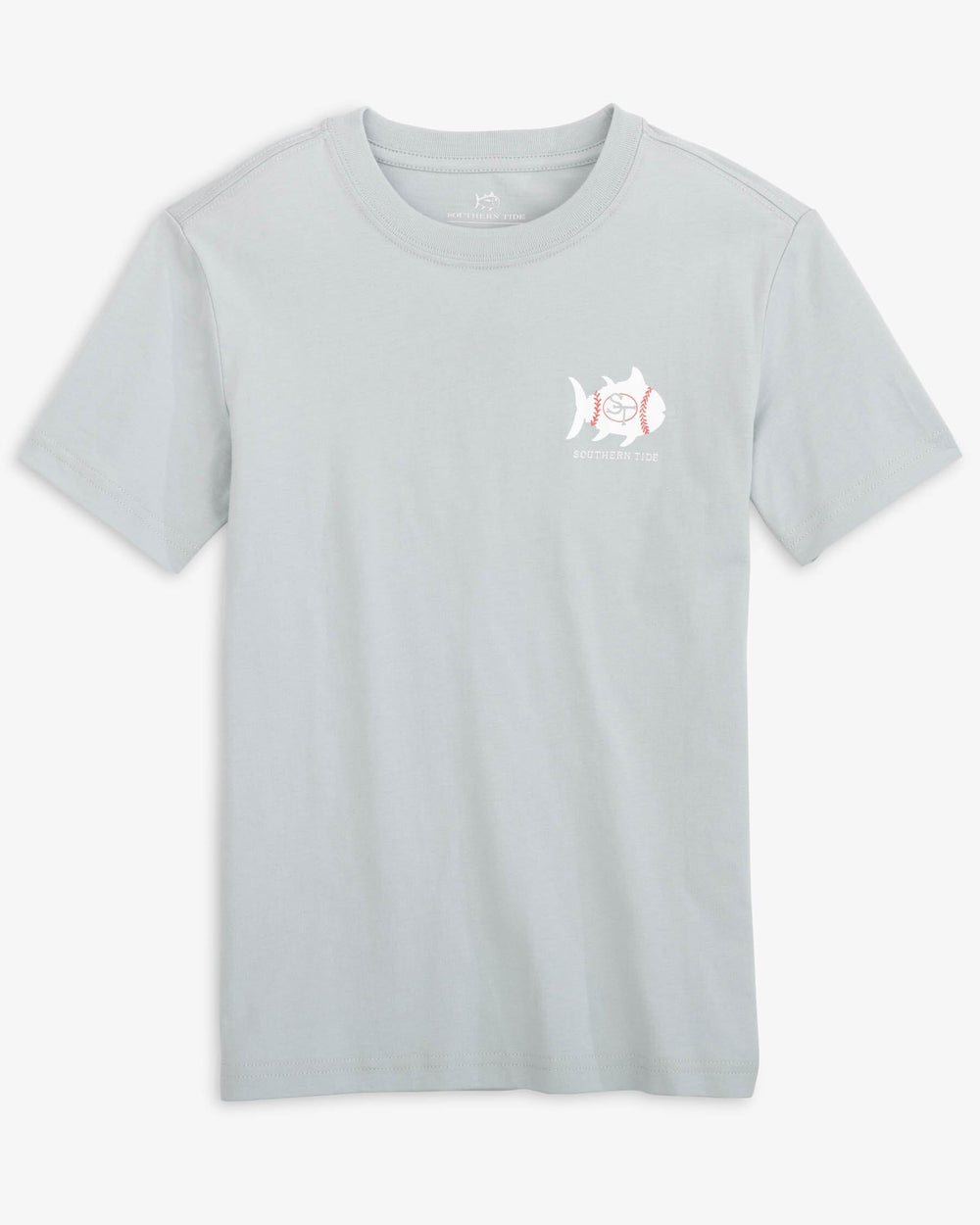 The front view of the Southern Tide Kids Tied to the Game T-shirt by Southern Tide - Slate Grey