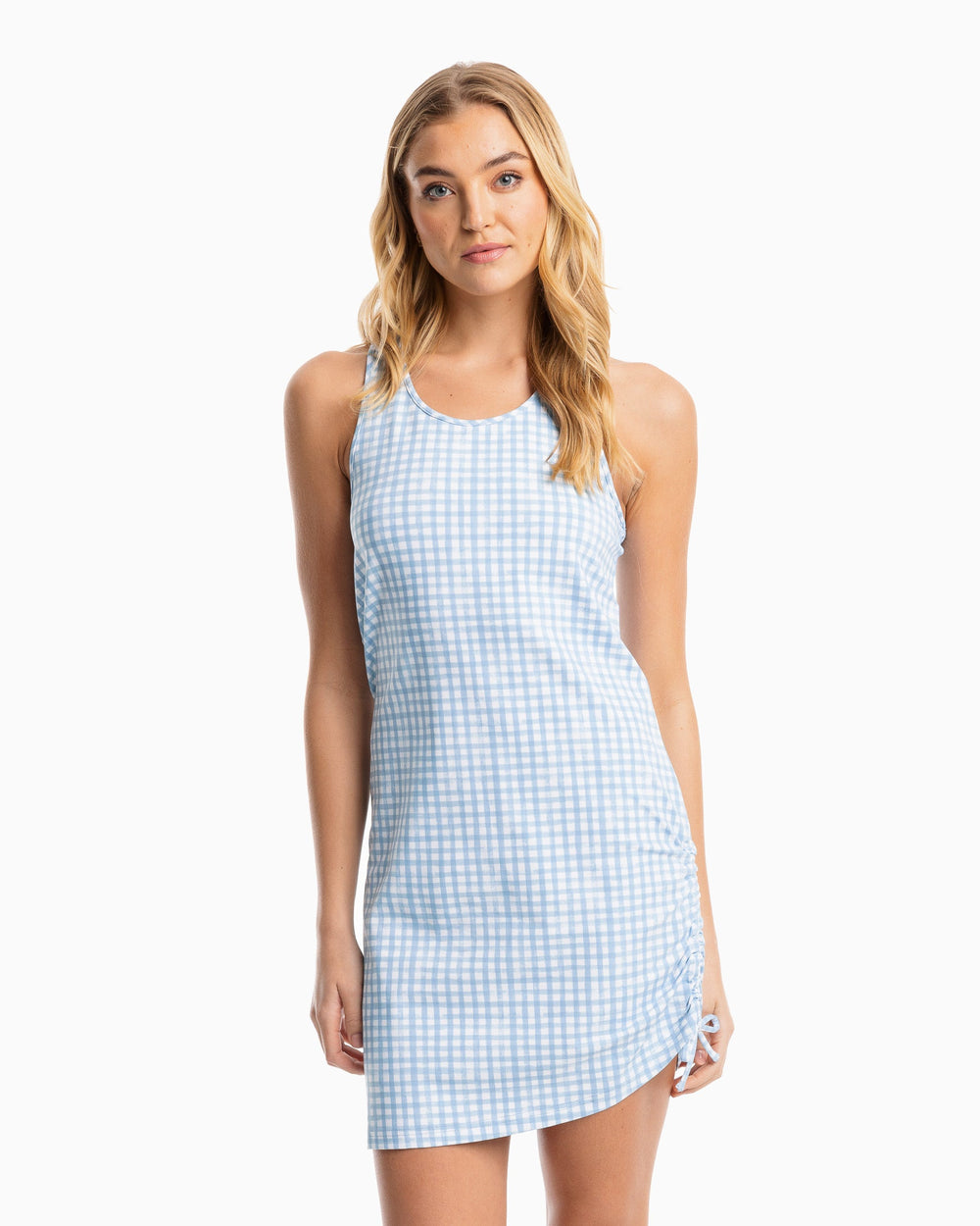 The front view of the Kinsley Performance Dress by Southern Tide - Sky Blue