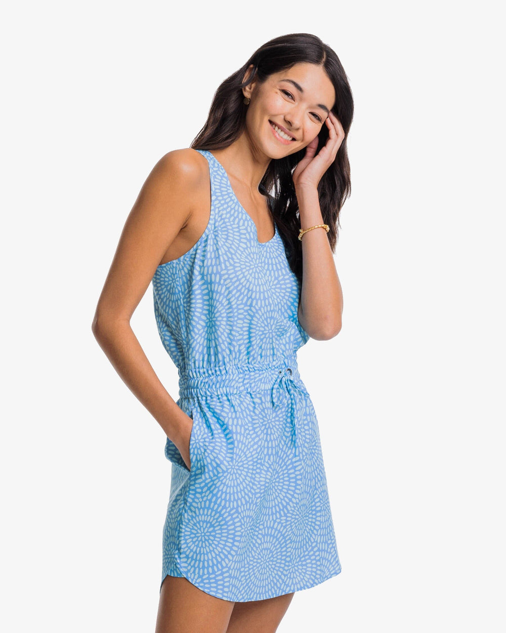 The side front view of the Southern Tide Laila Burst of Brightness Dress by Southern Tide - Boat Blue