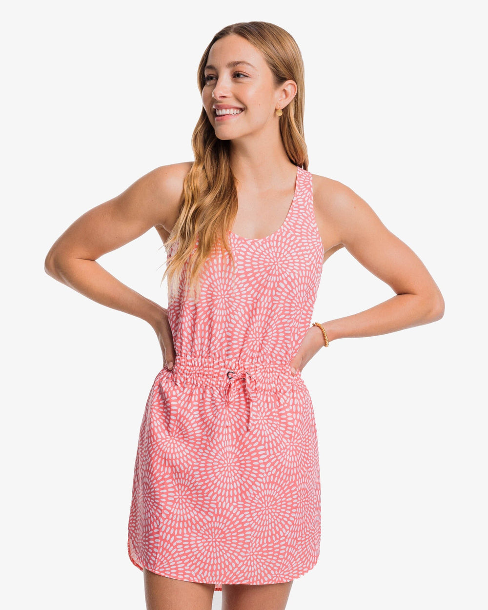 The front view of the Southern Tide Laila Burst of Brightness Dress by Southern Tide - Sunkist Coral