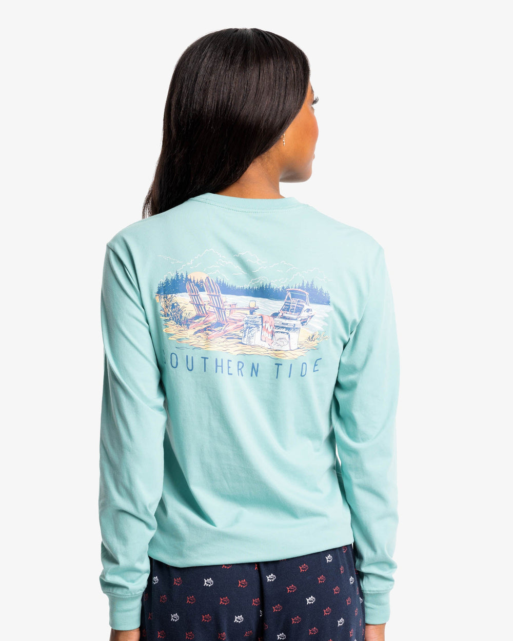 The back view of the Lakeside Picnic Long Sleeve T-Shirt by Southern Tide - Agate Green