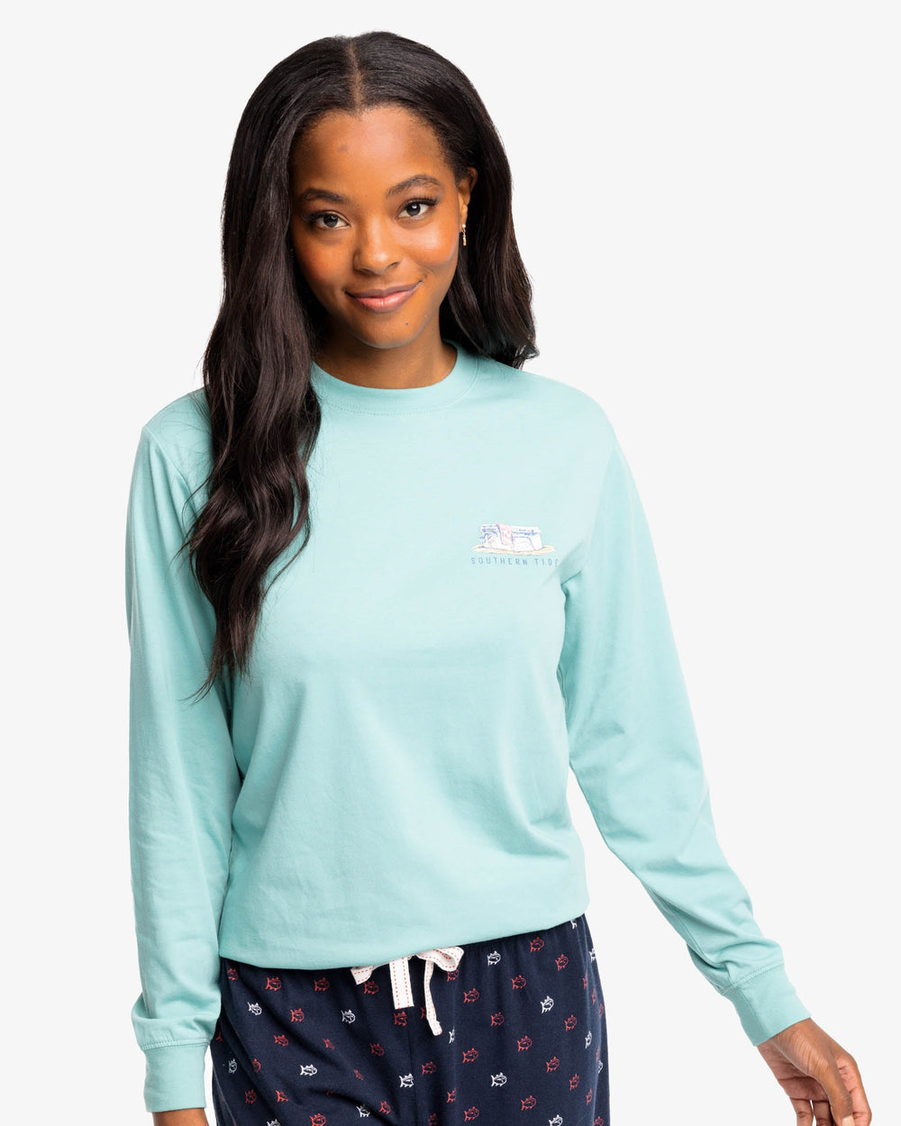 The front view of the Lakeside Picnic Long Sleeve T-Shirt by Southern Tide - Agate Green
