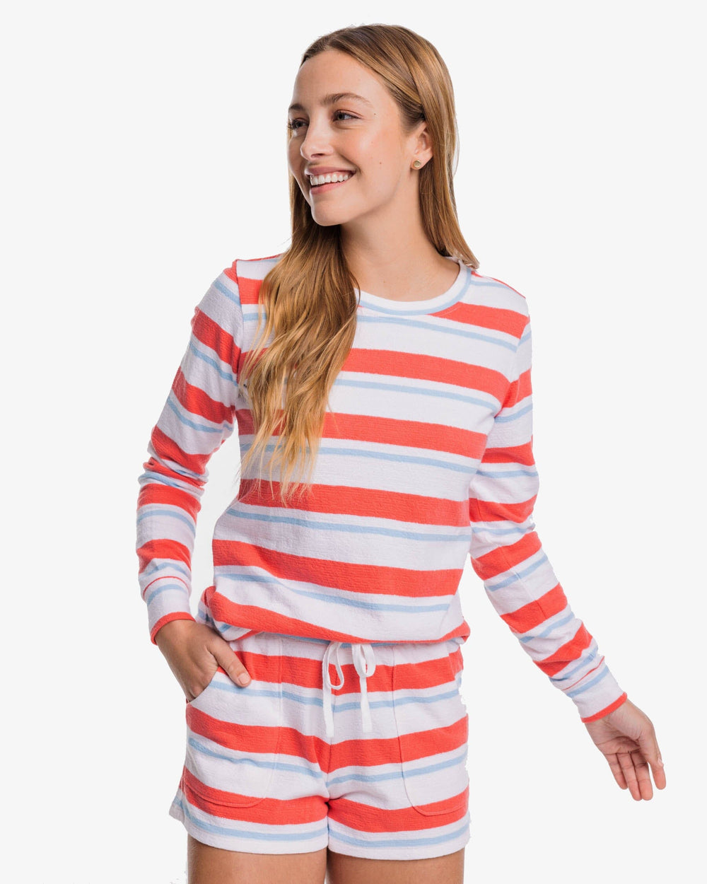 The front view of the Southern Tide Lana Beach Day Stripe Crew Neck Sweatshirt by Southern Tide - Rosewood Red