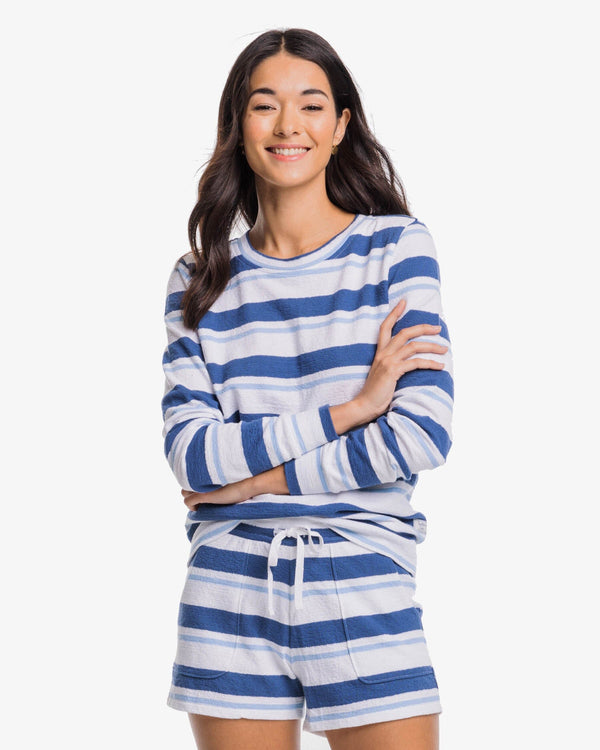 The front view of the Southern Tide Lana Beach Day Stripe Crew Neck Sweatshirt by Southern Tide - Seven Seas Blue