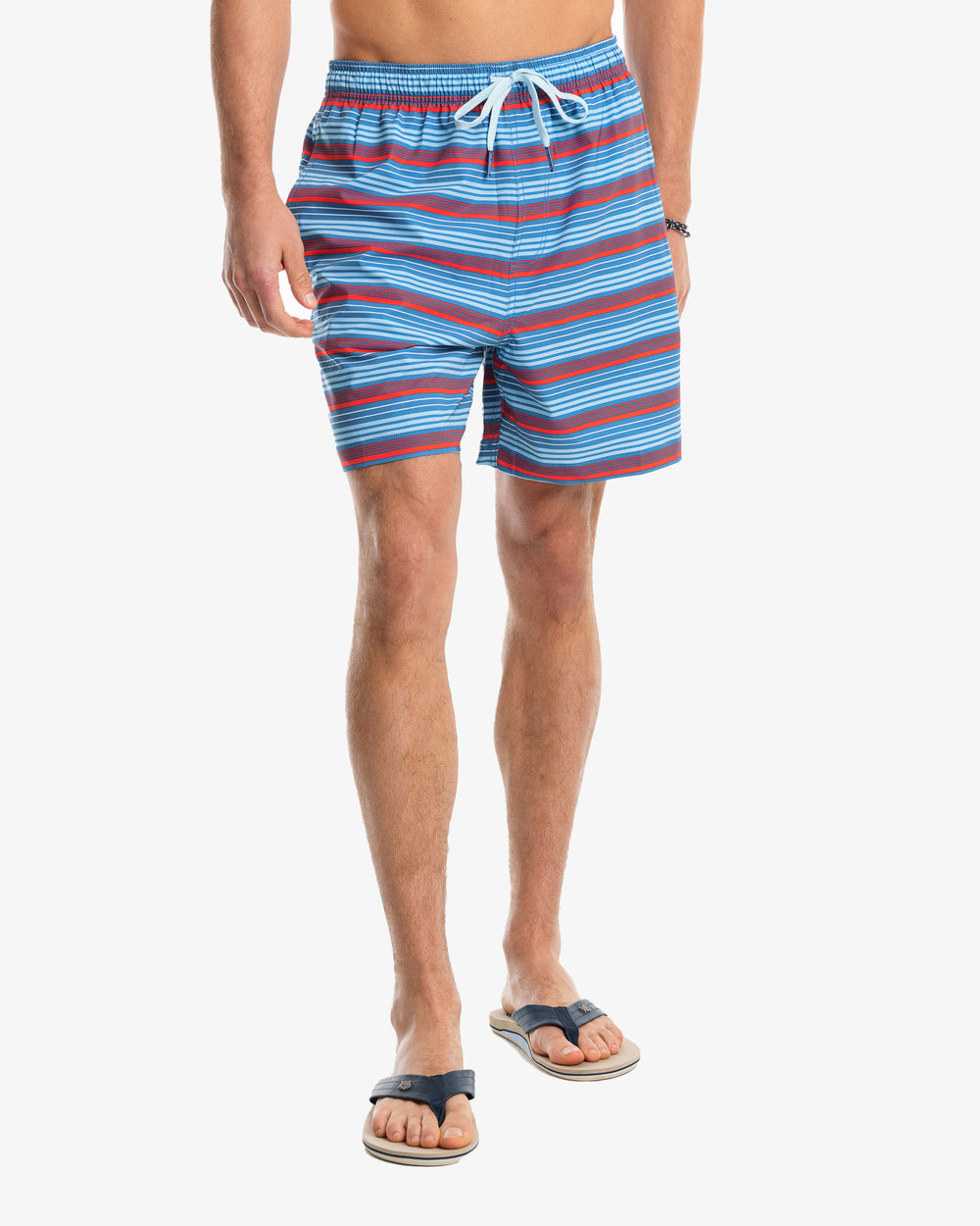 The front view of the Men's Largo Stripe Swim Trunk by Southern Tide - Deep Water