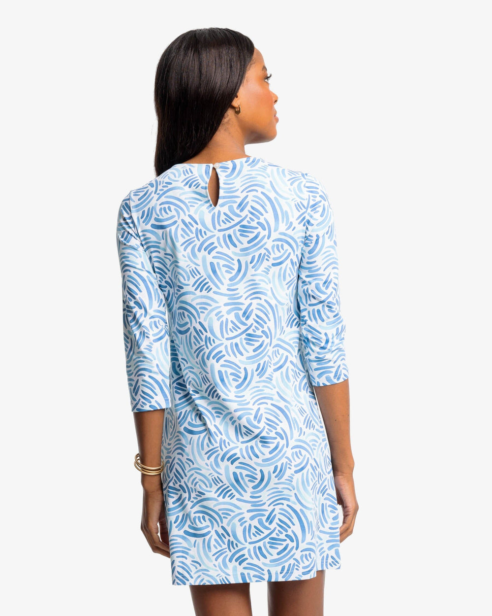 The back view of the Southern Tide Leila Watercolor Whirl Printed Performance Dress by Southern Tide - Atlantic Blue