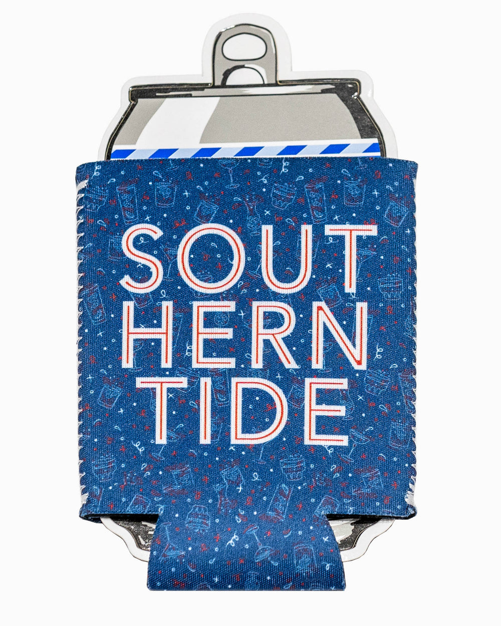 The front view of the Let The Party Be-Gin Slim Can Caddie by Southern Tide - Yacht Blue