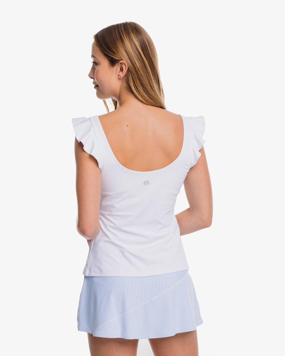 The back view of the Southern Tide Lisi Active Ruffle Tank by Southern Tide - Classic White