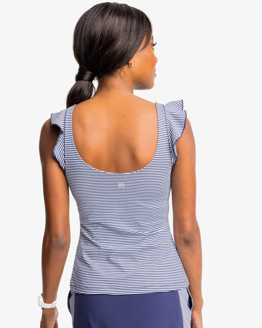 The back view of the Southern Tide Lisi Stripe Active Ruffle Tank by Southern Tide - Nautical Navy