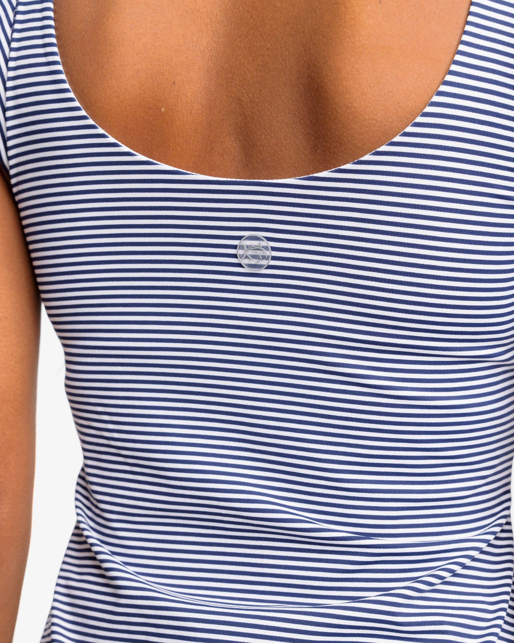 The detail view of the Southern Tide Lisi Stripe Active Ruffle Tank by Southern Tide - Nautical Navy
